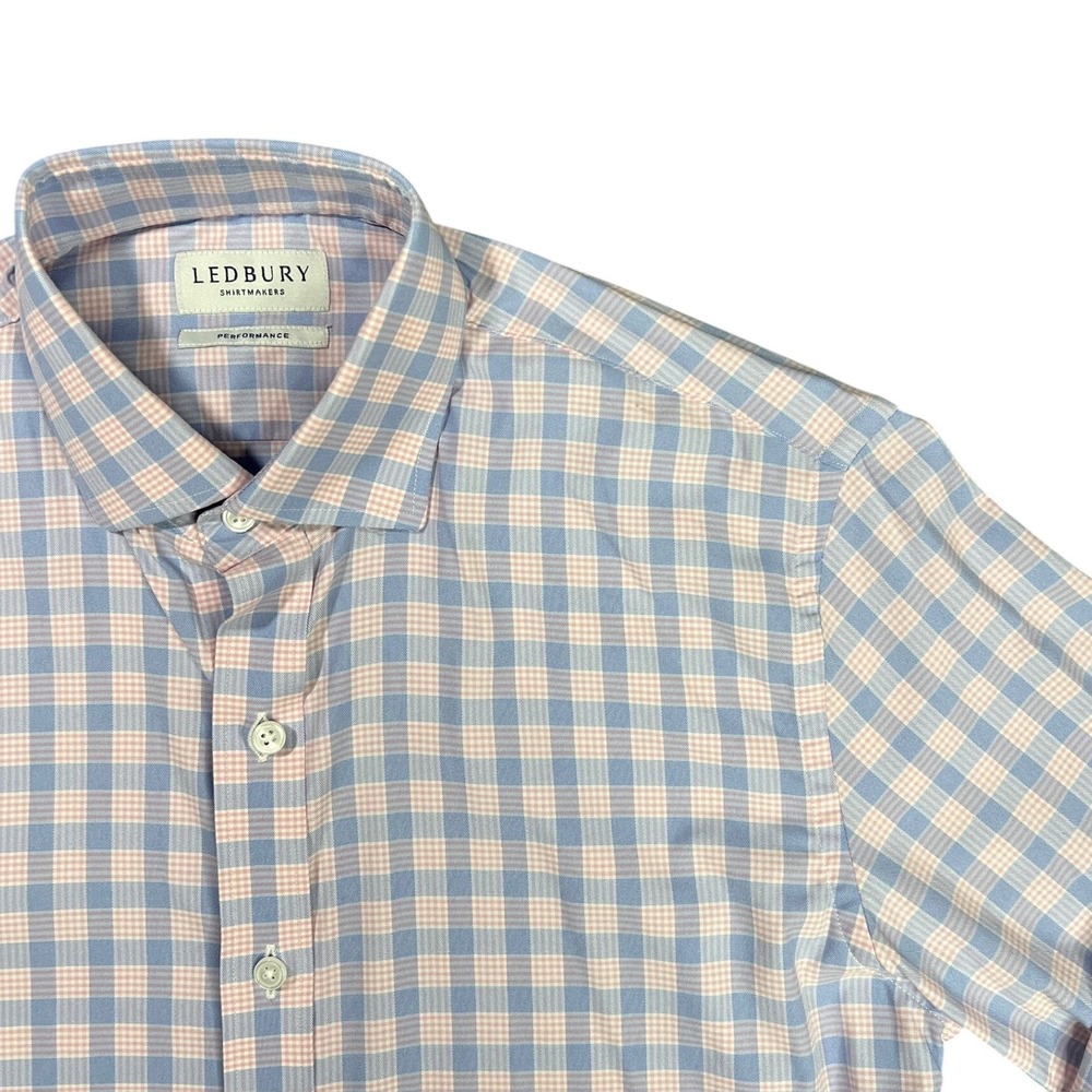 Ledbury Performance Tailored Fit Dress Shirt Men's Size 15.5 Blue Pink Gingham